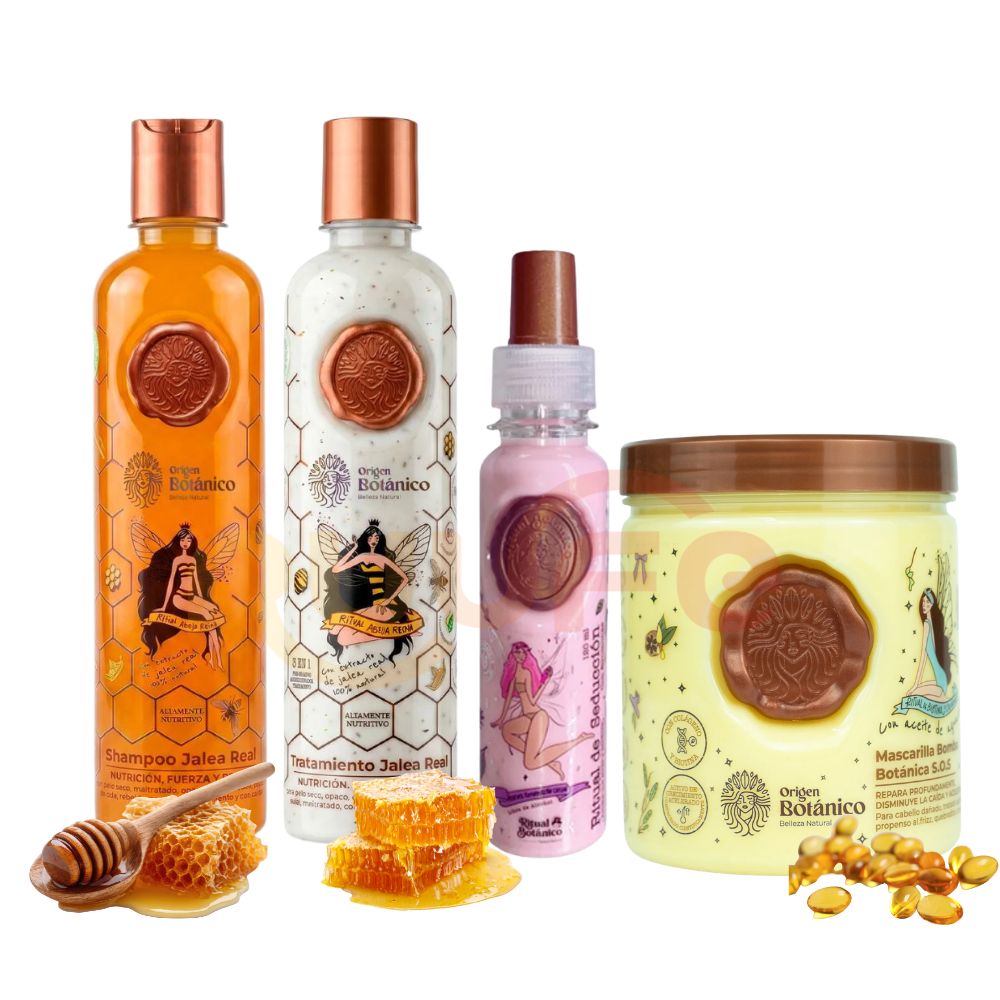 Origen Botanico Royal Jelly Shampoo 400ml, Origen Botanico Royal Jelly Treatment 400ml, Origen Botanico Hair Mask 400ml, and Origen Botanico Heat Protector 120ml (4-Pack)