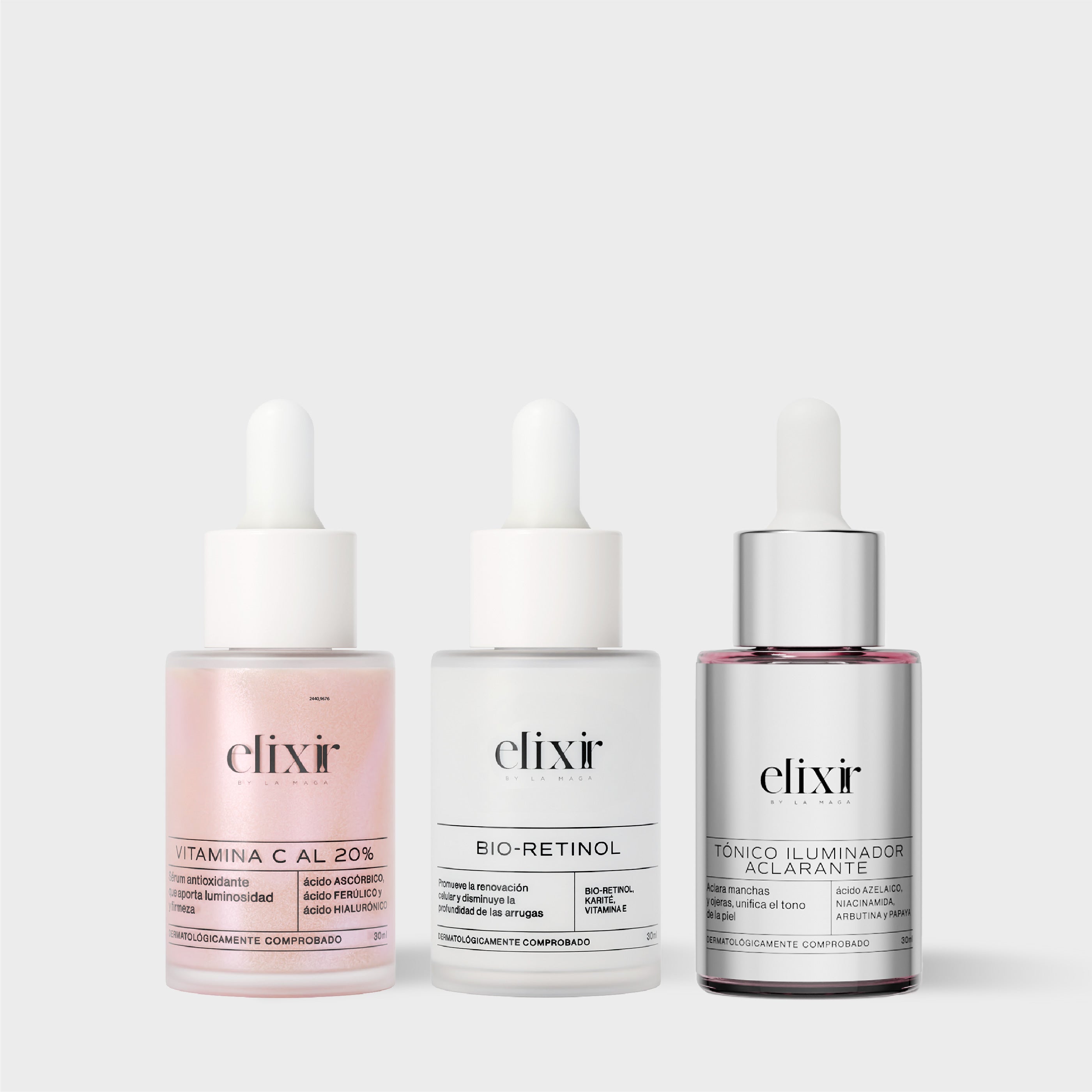 Elixir KIT DESPIGMENTANTE INTENSIVO - Vitamina C al 20% x 30ml , Bio-Retinol 30ml, Tonico Iluminador Aclarante x 30ml (3 Pack)