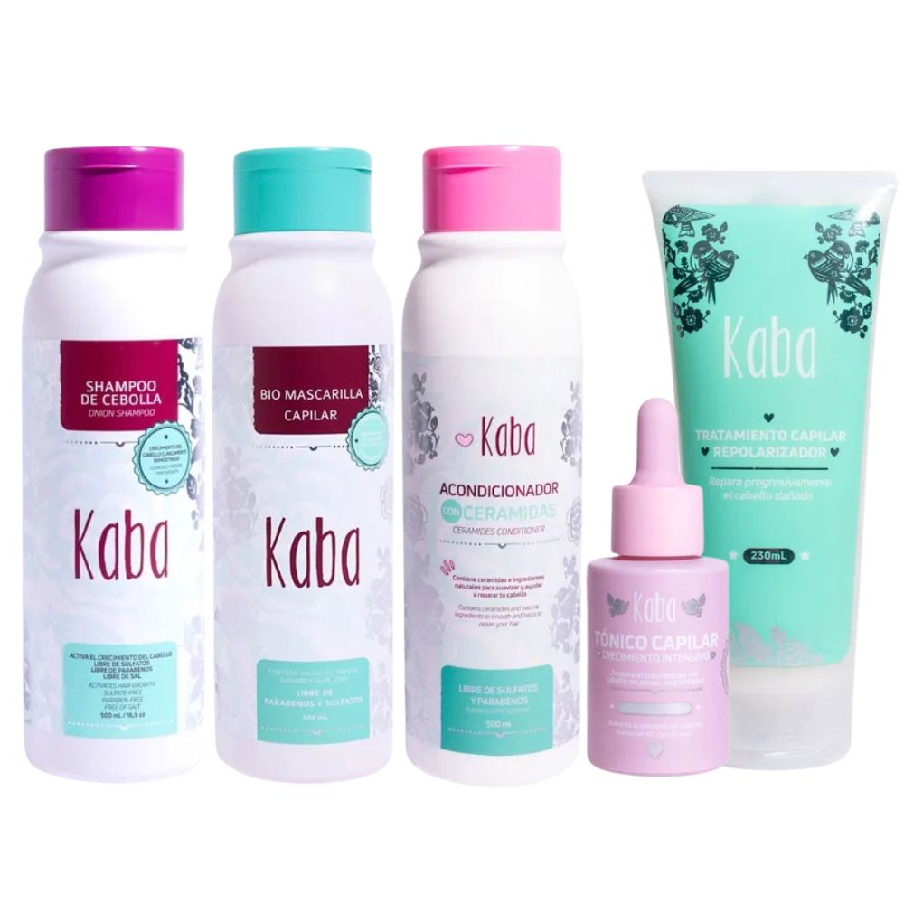 Kaba Shampoo de Cebolla, kaba Biomascarilla Capilar, Kaba Acondicionador de Ceramidas, kaba Tonico Capilar y Kaba Tratamiento Repolarizador (5 pack)