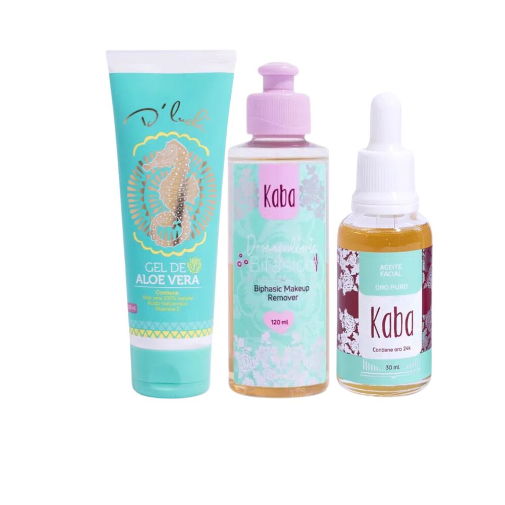 Kaba Gel Aloe Vera, Kaba Desmaquillante bifasico, y Kaba aceite Facial de oro 24  (3 pack) Kaba Kit Facial