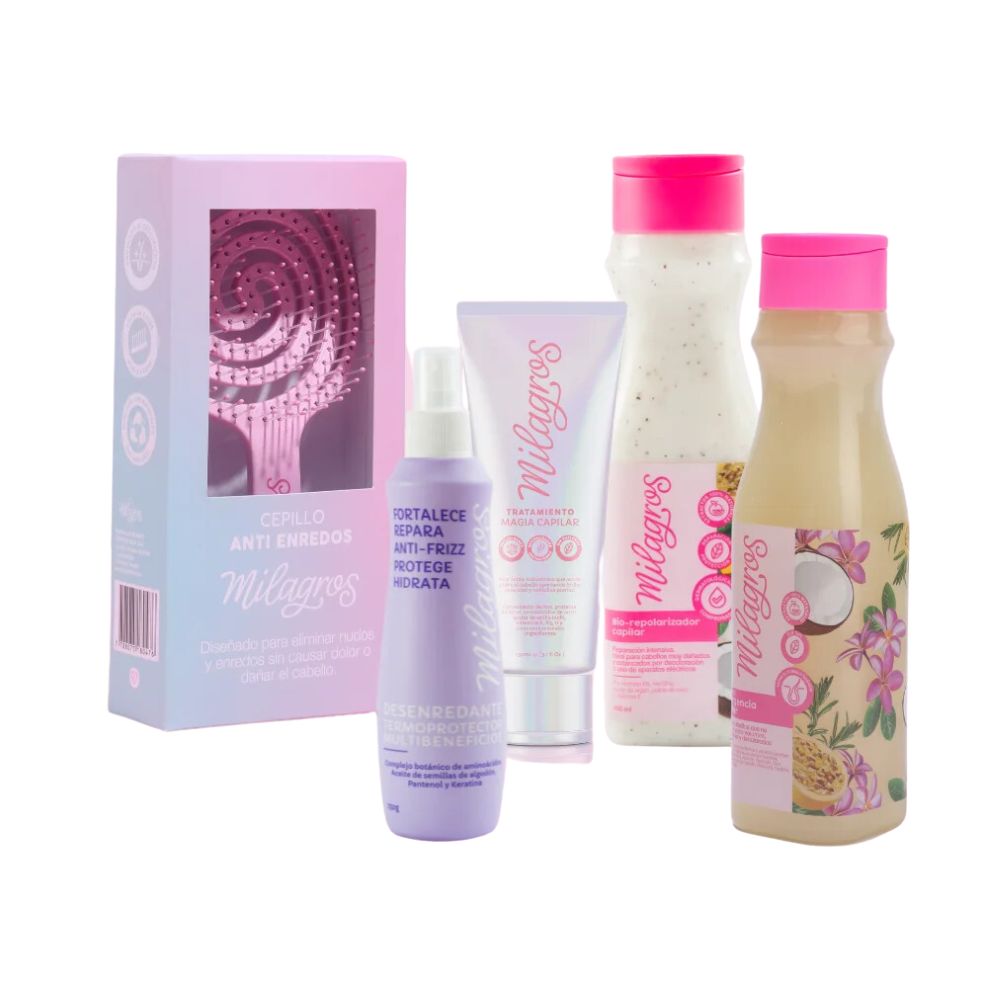 Milagros Kit antifrizz (5 Pack) Shampoo emergencia capilar milagro, biorepolarizador Milagro, tratamiento magia capilar milagro termoprotector anti friz y Cepillo antienredos milagro