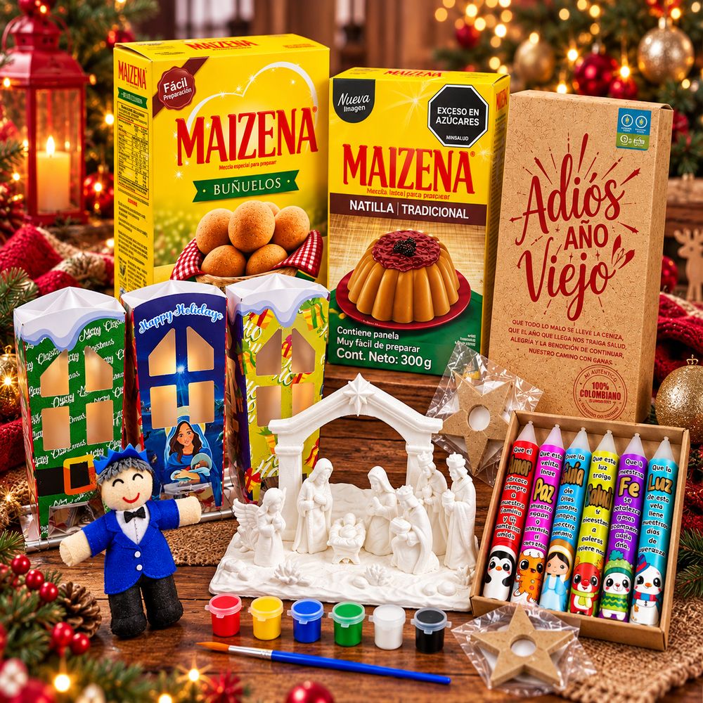 Kit Navideño Familiar - Faroles, Muñeco año viejo, Velas x6, Buñuelos, Natilla tradicional, Pesebre Pequeño (6 pack)