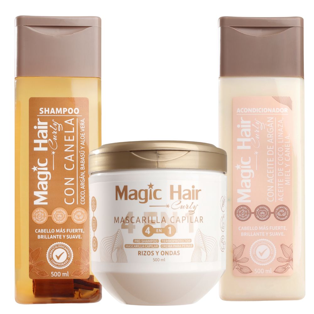 Magic Hair Kit Para Cabellos Rizos y Ondulados - Mascarilla 4 en 1, Shampoo con Canela y Acondicionador con Canela (3 pack)