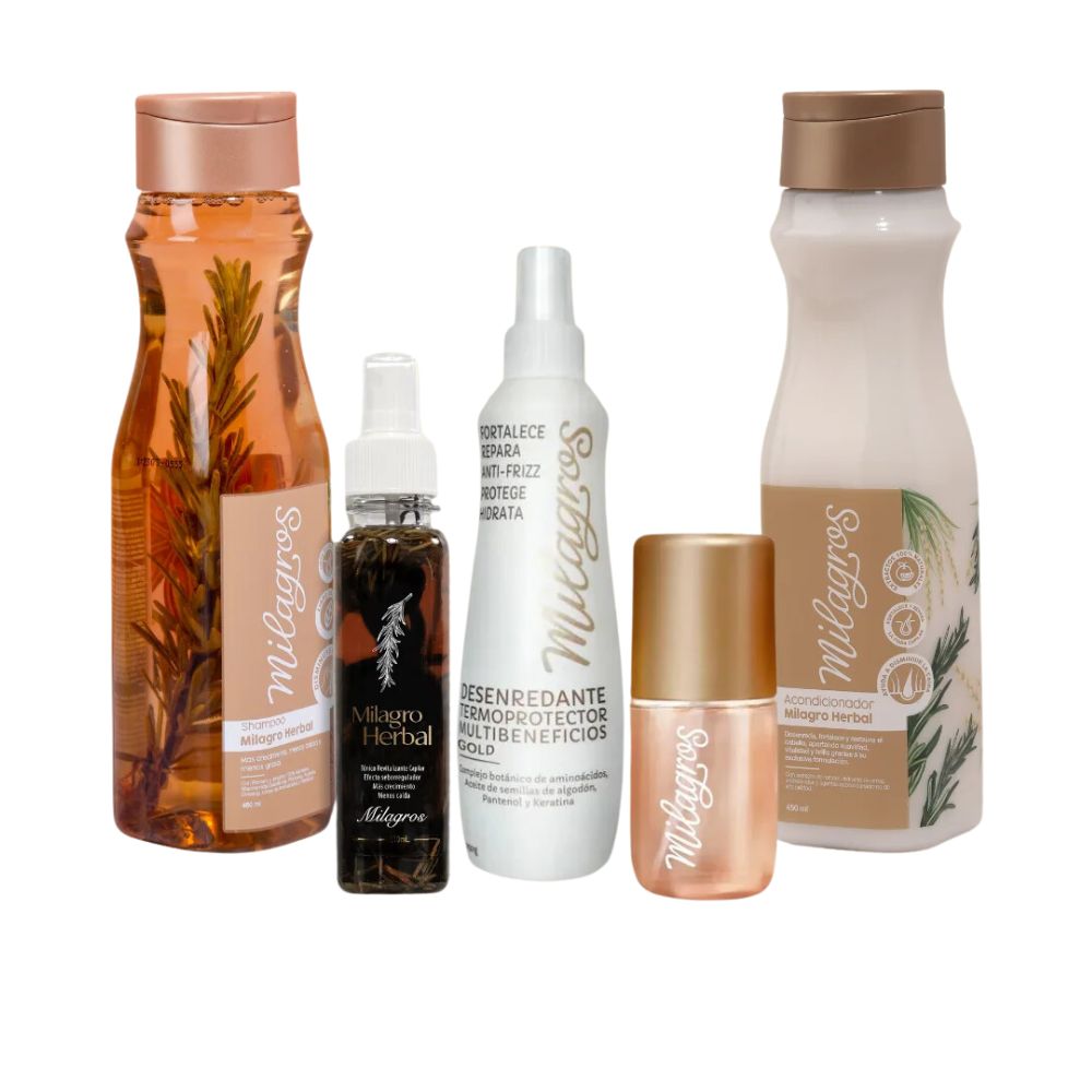 Milagros Ritual Herbal kit (5 Pack) Milagros Shampoo Herbal, Acondicionador herbal, Tonico Herbal, Desenredante Termoprotector herbal y perfume Bali