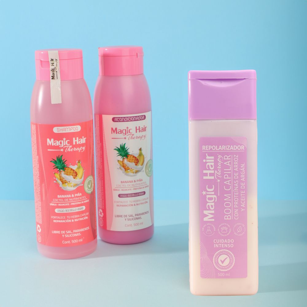 Magic Hair Kit Anti-Dry Hair Loss Boom Repolarizer + Banana and Pineapple Shampoo and Conditioner for repair and nutrition of dry hair (3 pack)