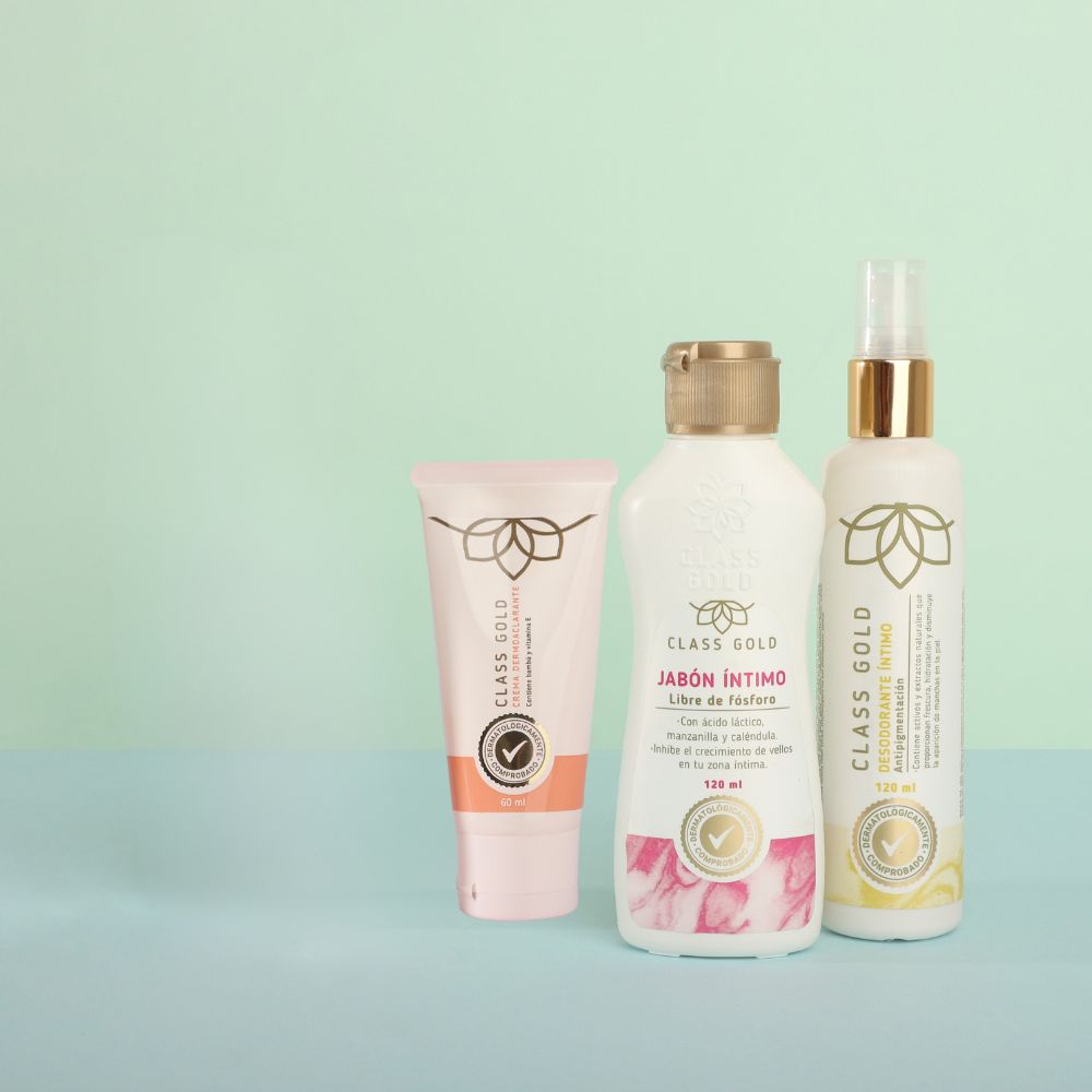 Class gold jabon intimo x 120ml, Class gold crema dermoaclarante 60mL, Class gold desodorante intimo amarillo x 120. (3 pack)