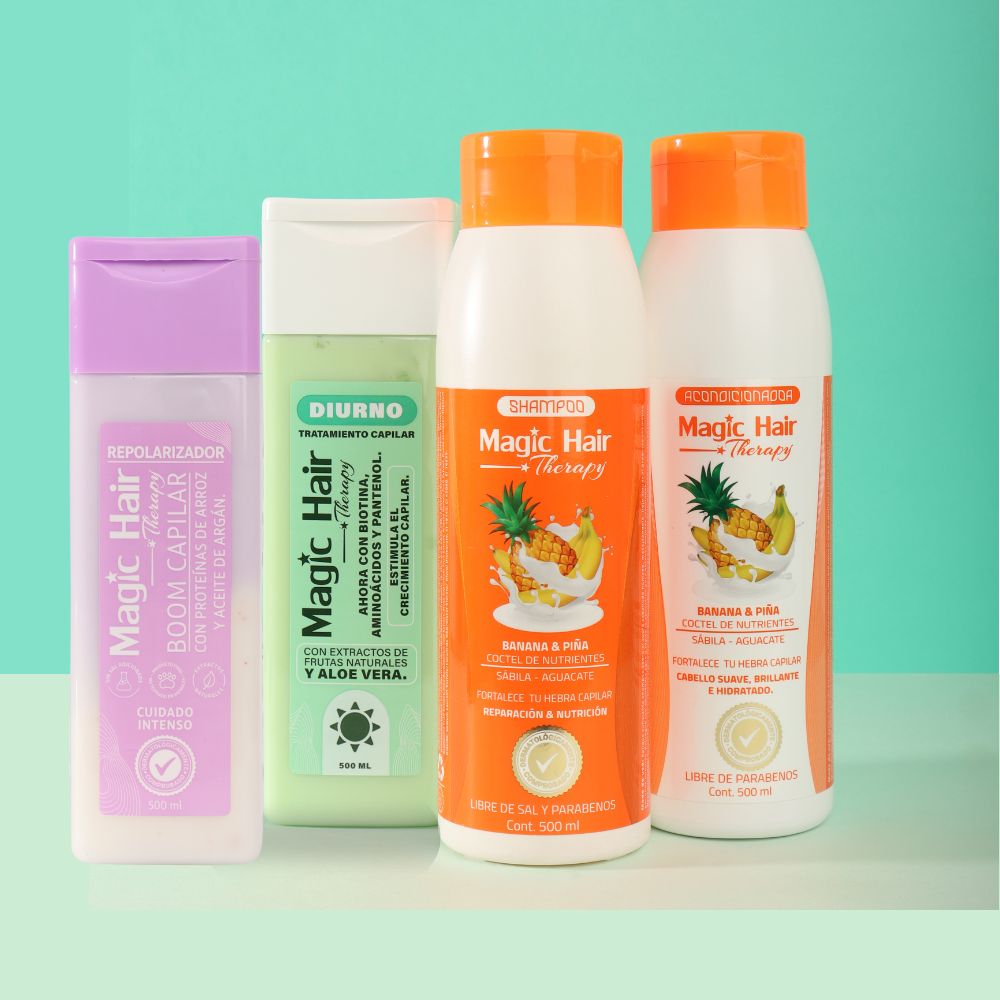 Magic Hair Kit Anti-Hair Loss Repolarizing Hair Boom + Day Hair Treatment + Banana and Pineapple Shampoo and Conditioner Repair and Nutrition (4pack)