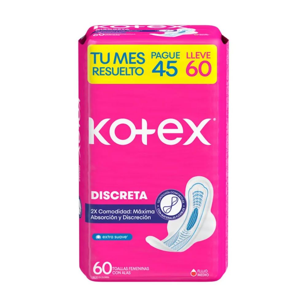 Kotex Toallas Higiénicas Femeninas Discreta 60 Unidades