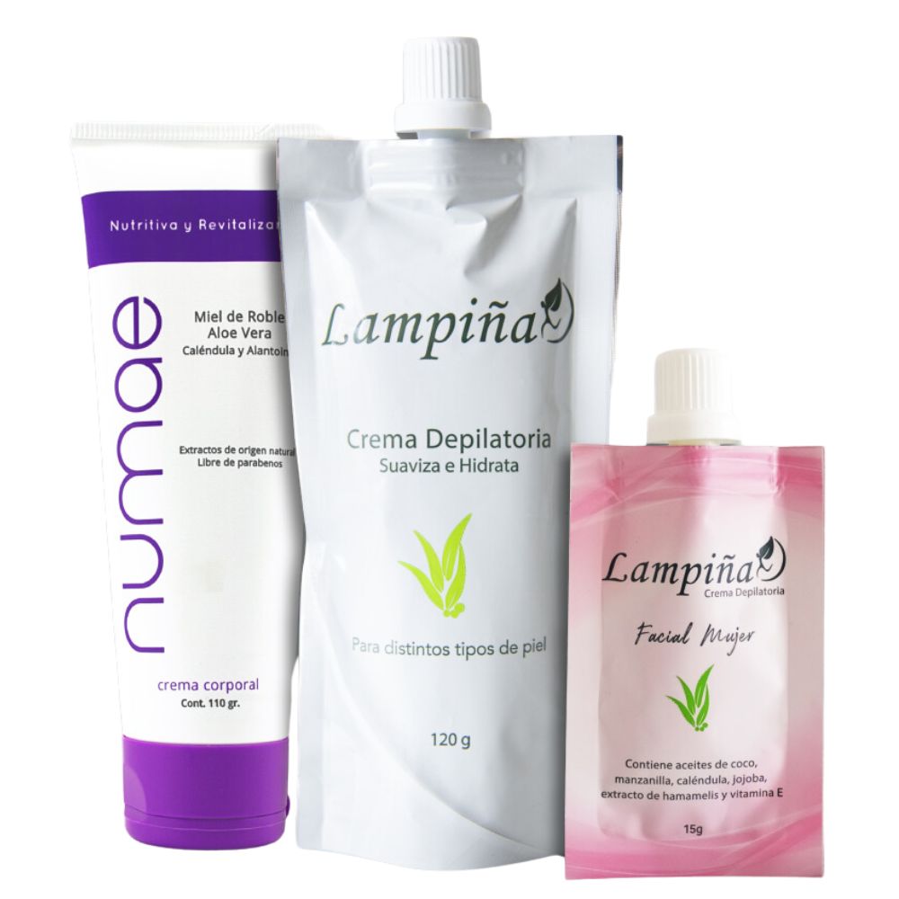 Lampina crema depilatoria Corporal suaviza e hidrata, Lampina Crema Depilatoria Facial Mujer, Lampina Numae Crema Hidratante Corporal - Lampina Combo Todo en uno (3 Pack)