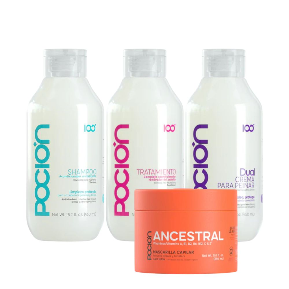 La Pocion Shampoo, La Pocion Tratamiento, La Pocion Crema para peinar, La Pocion Mascarilla Ancestral (4 pack)