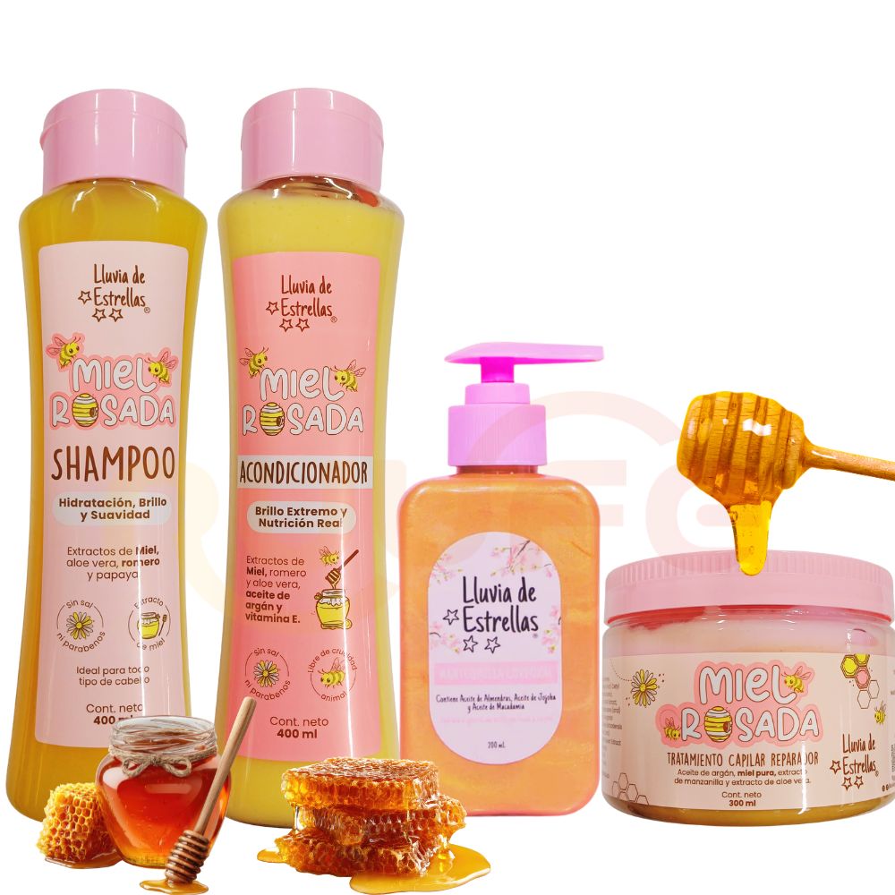 Lluvia de Estrellas shampoo de miel rosada x 400ml Acondicionador de Miel rosada de lluvia de estrellas x 400ml Mantequilla corporal x 200ml y Tratamiento capilar de Miel x 300ml (4 Pack)