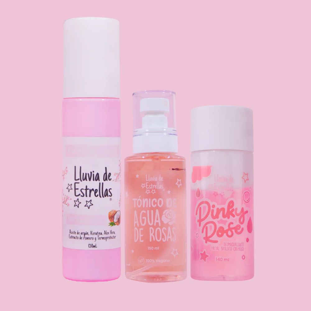 Lluvia de Estrellas Combo Encanto Celestial - Perfume capilar x 150 ml, Desmaquillante Bifasico x 140 ml y Tonico de agua de Rosas x 150 ml (3 Pack)