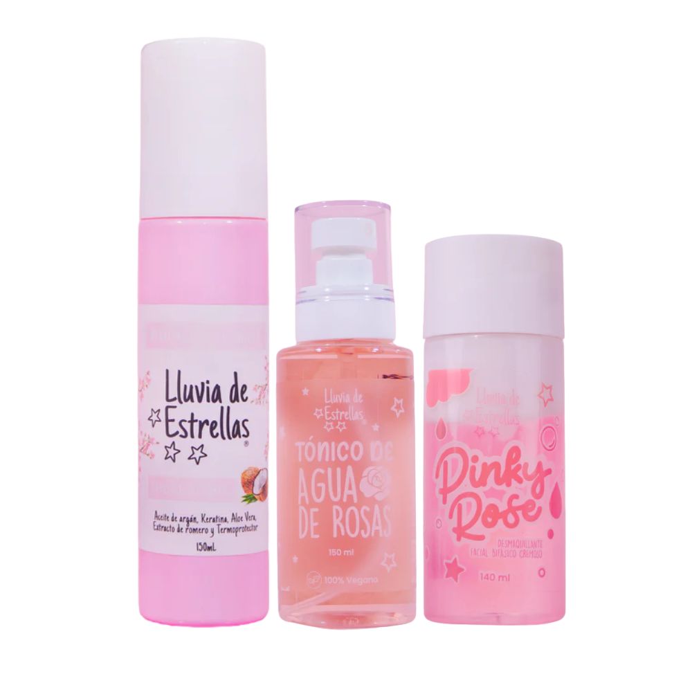 Lluvia de Estrellas Combo Encanto Celestial - Perfume capilar x 150 ml, Desmaquillante Bifasico x 140 ml y Tonico de agua de Rosas x 150 ml (3 Pack)