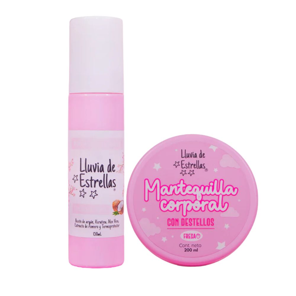 Lluvia de Estrellas Combo Cuerpo Celestial - Perfume capilar x 150 ml y Mantequilla Corporal con color Fresa x 200 ml (2 Pack)