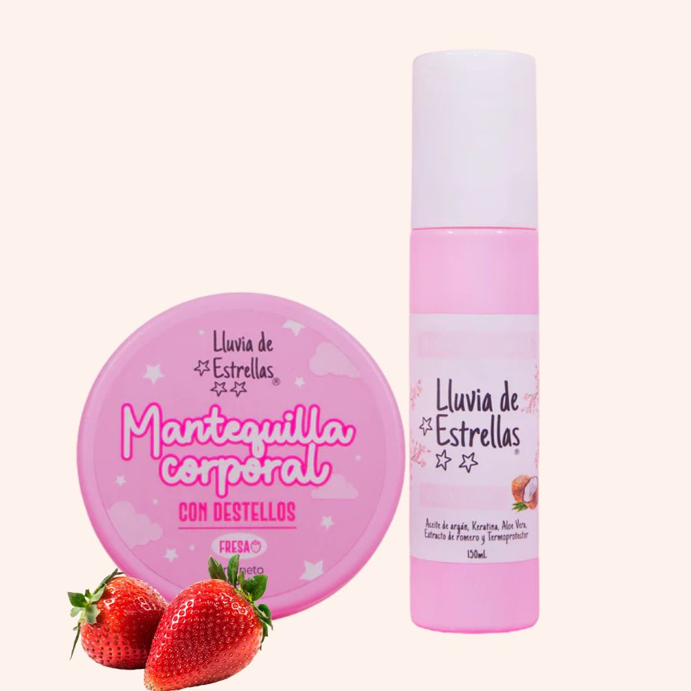 Lluvia de Estrellas Combo Cuerpo Celestial - Perfume capilar x 150 ml y Mantequilla Corporal con color Fresa x 200 ml (2 Pack)