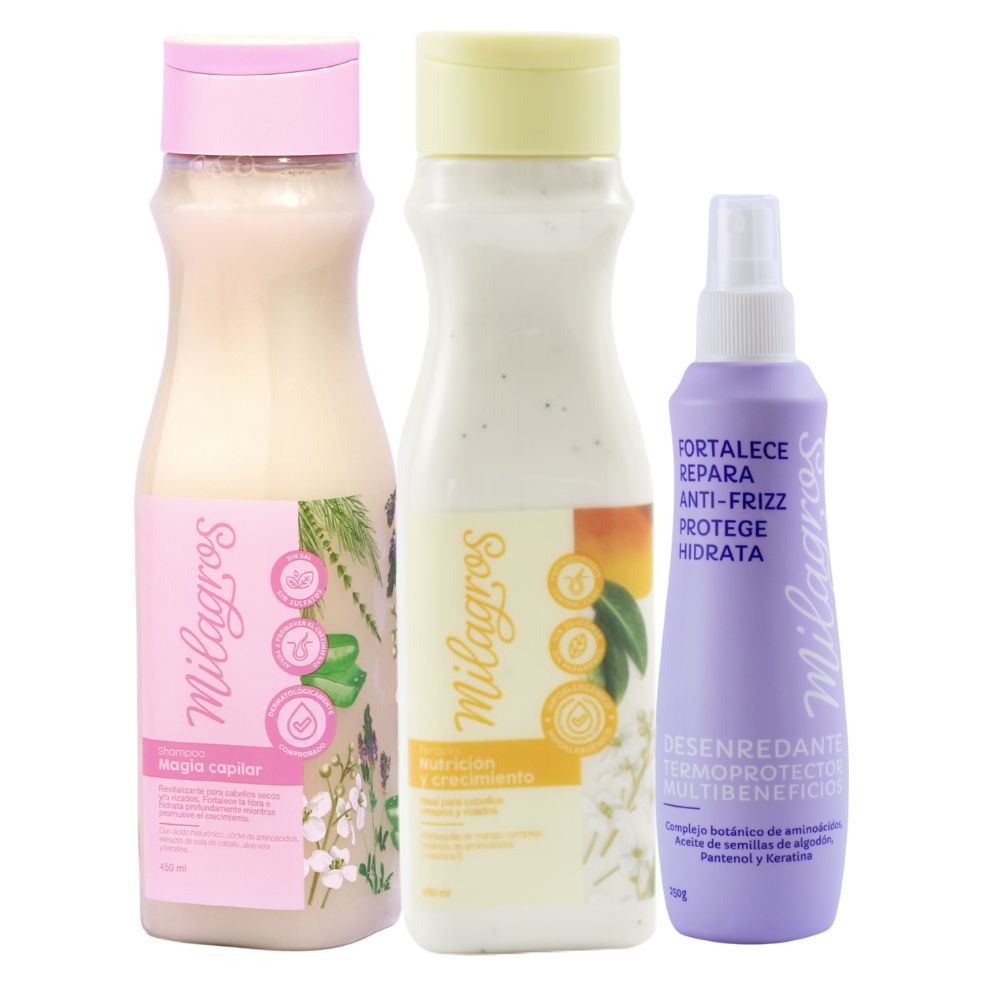 Milagros Shampoo magia capilar, Milagros Terapia Nutricion y Crecimiento y Milagros Desenredante Termoprotector (3 Pack)