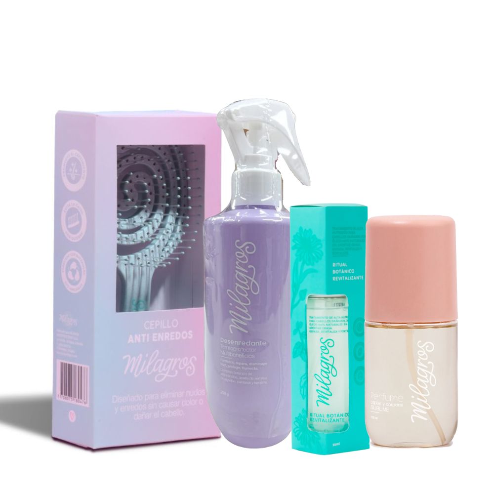 Milagros Detangling Massage Brush, Milagros Detangler Thermoprotector, Milagros Revitalizing Serum and Milagros Sublime Perfume - Milagros Perfect Hair Kit (4 Pack) 