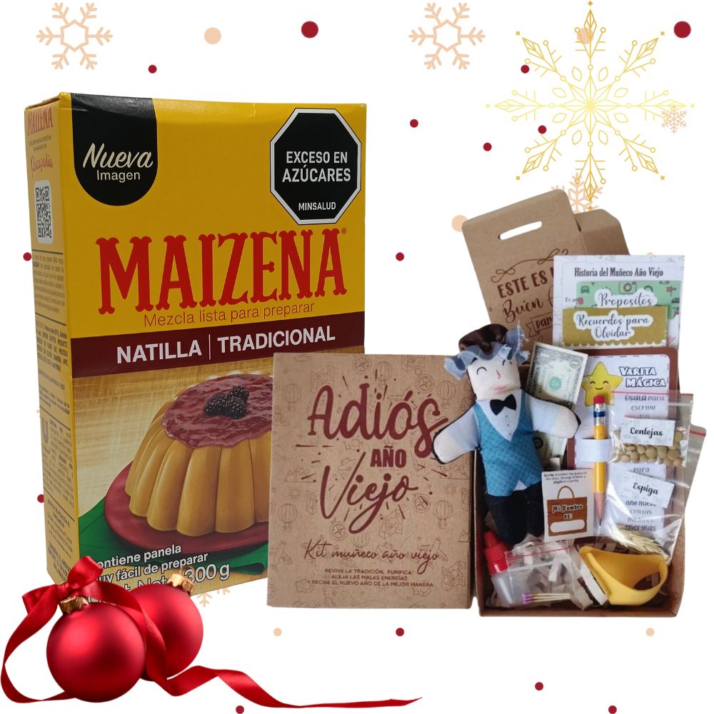 Natilla Colombiana and new years doll Natilla tradicional y año viejo kit natilla de Maizena tradicional año viejo Colombia