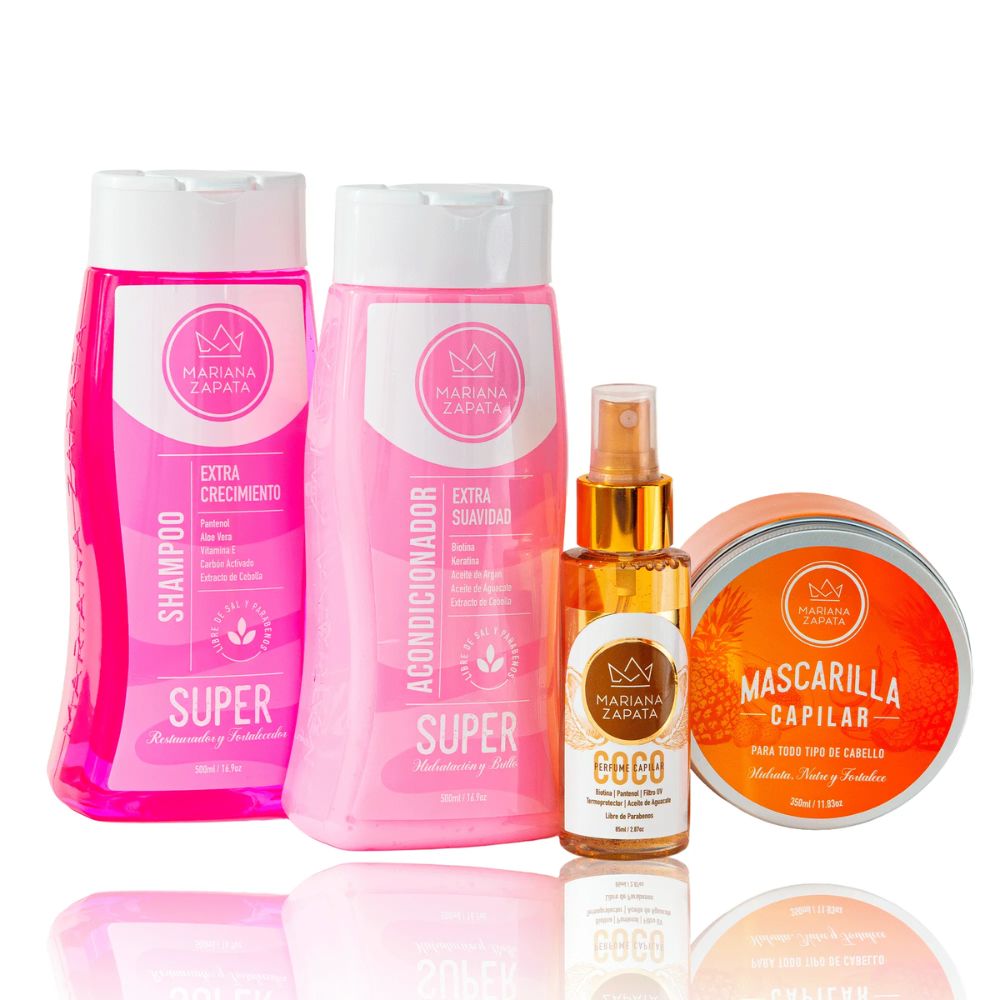 Mariana Zapata Shampoo x 500ml - Acondicionador x 500ml - Mascarilla Capilar x 350 ml y perfume capilar de Coco x 15ml (4 Pack)