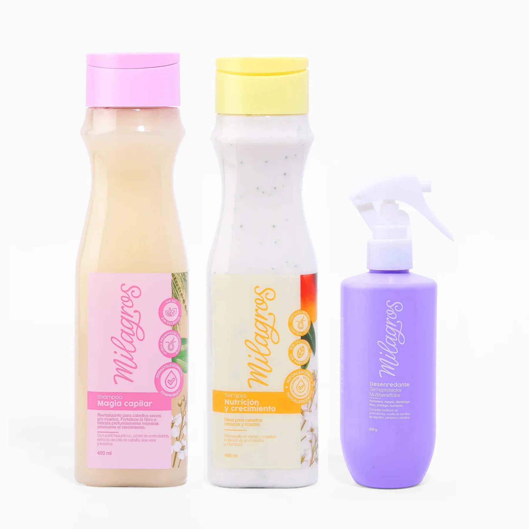 Milagros Shampoo magia capilar, Milagros Terapia Nutricion y Crecimiento y Milagros Desenredante Termoprotector (3 Pack)