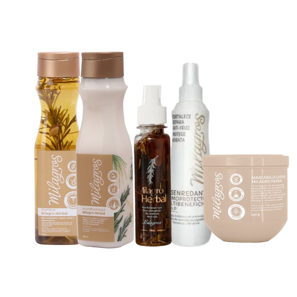 Milagros Combo Herbal Shampoo Herbal Acondicionador herbal Tonico Herbal Desenredante Termoprotector herbal y Mascarilla capilar Herbal (5 Pack)