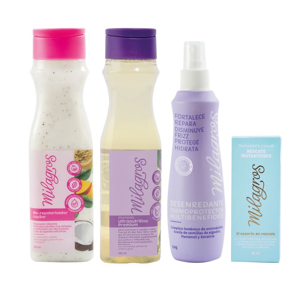 Milagros Biorepolarizador, Shampoo Ultranutritivo, Desenrredante multibeneficios, Ampolla Rescate Instantáneo (Azul)  (4 pack)