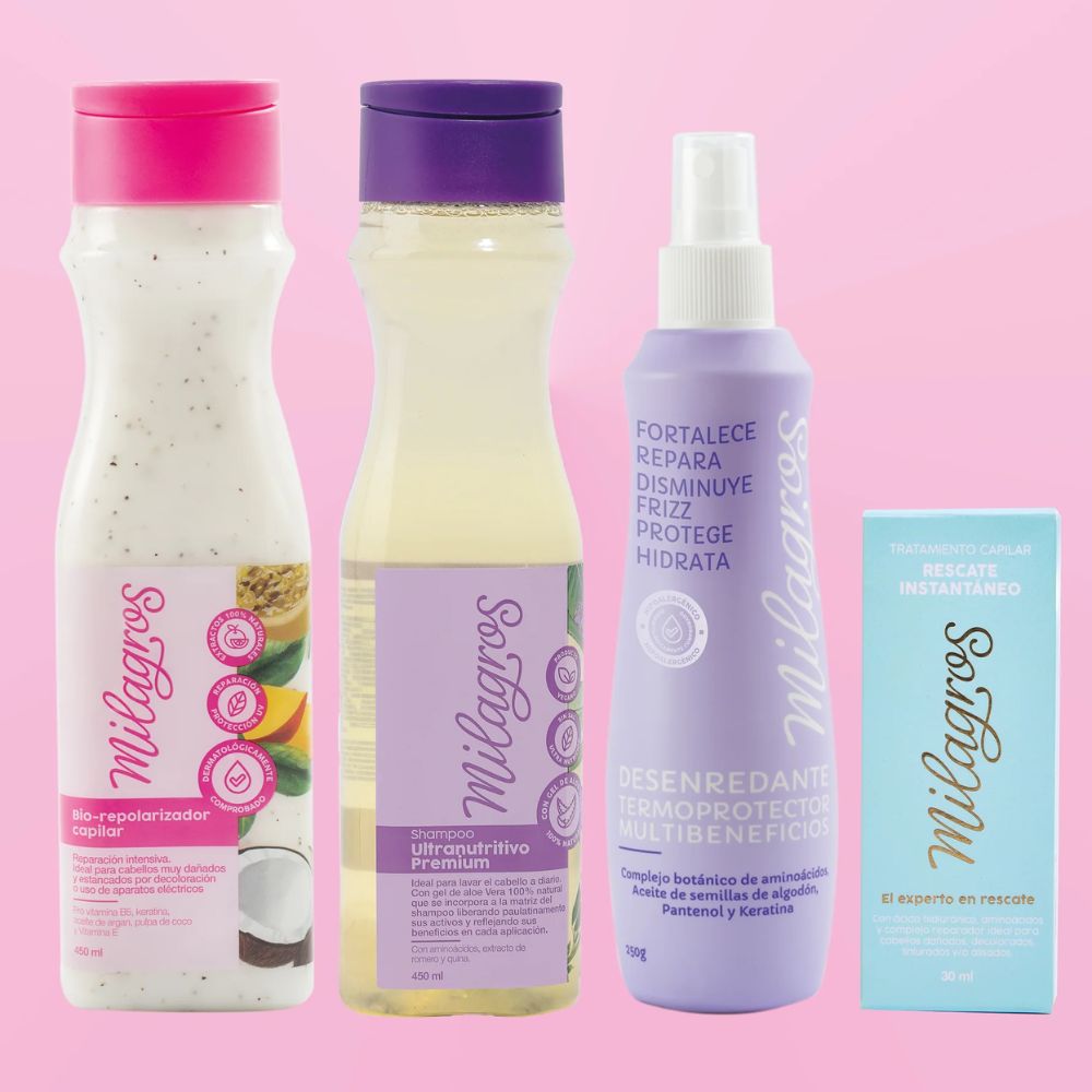 Milagros Biorepolarizador, Shampoo Ultranutritivo, Desenrredante multibeneficios, Ampolla Rescate Instantáneo (Azul)  (4 pack)