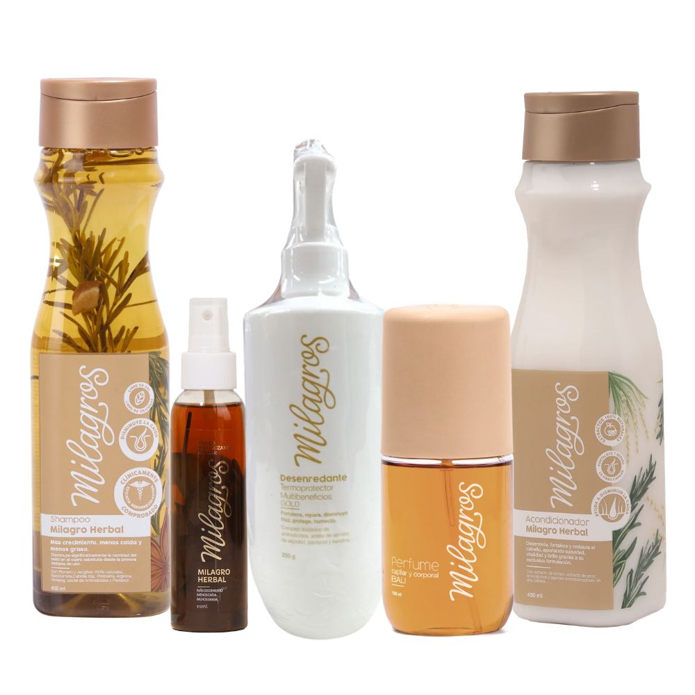 Milagros Ritual Herbal kit (5 Pack) Milagros Shampoo Herbal, Acondicionador herbal, Tonico Herbal, Desenredante Termoprotector herbal y perfume Bali
