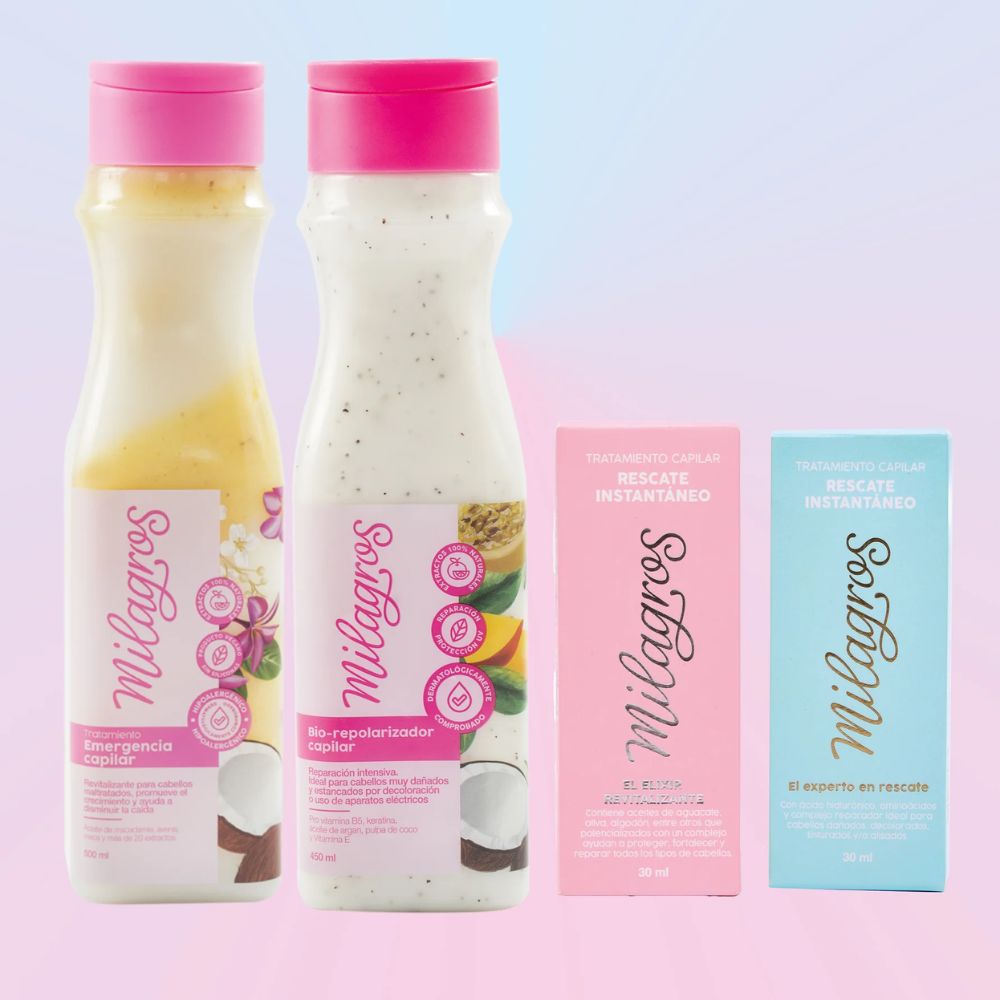 Milagros Tratamiento Emergencia Capilar, Biorepolarizador, Ampolla Capilar Elixir (Rosada) y Ampolla capilar Rescate (Azul)  (4 pack)