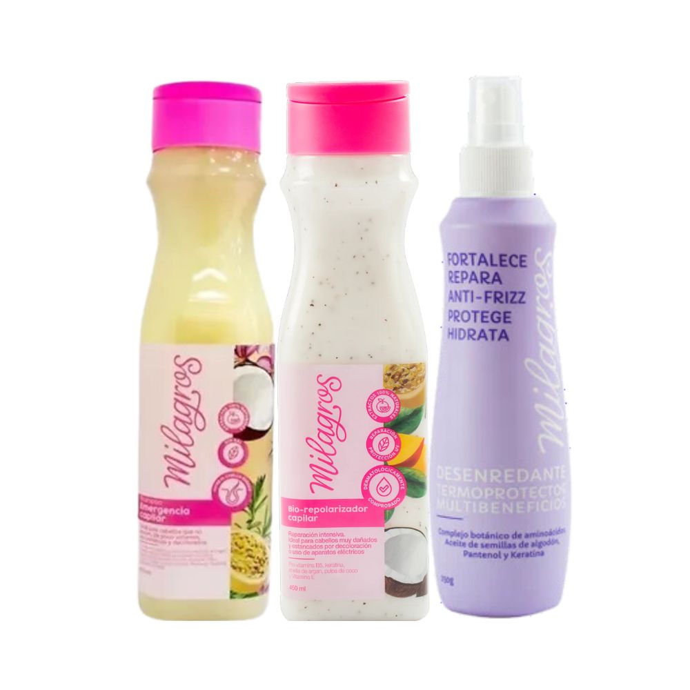 Milagros Shampoo Emergencia Capilar, Milagros Biorepolarizador y Milagros tratamiento Anti Frizz (3 pack)