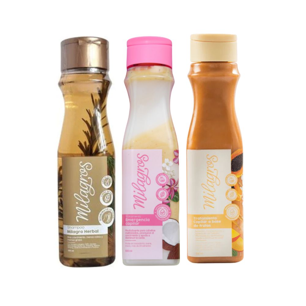 Milagros herbal shampoo, Milagros emergency hair treatment and Milagros fruit-based treatment (3 pack)