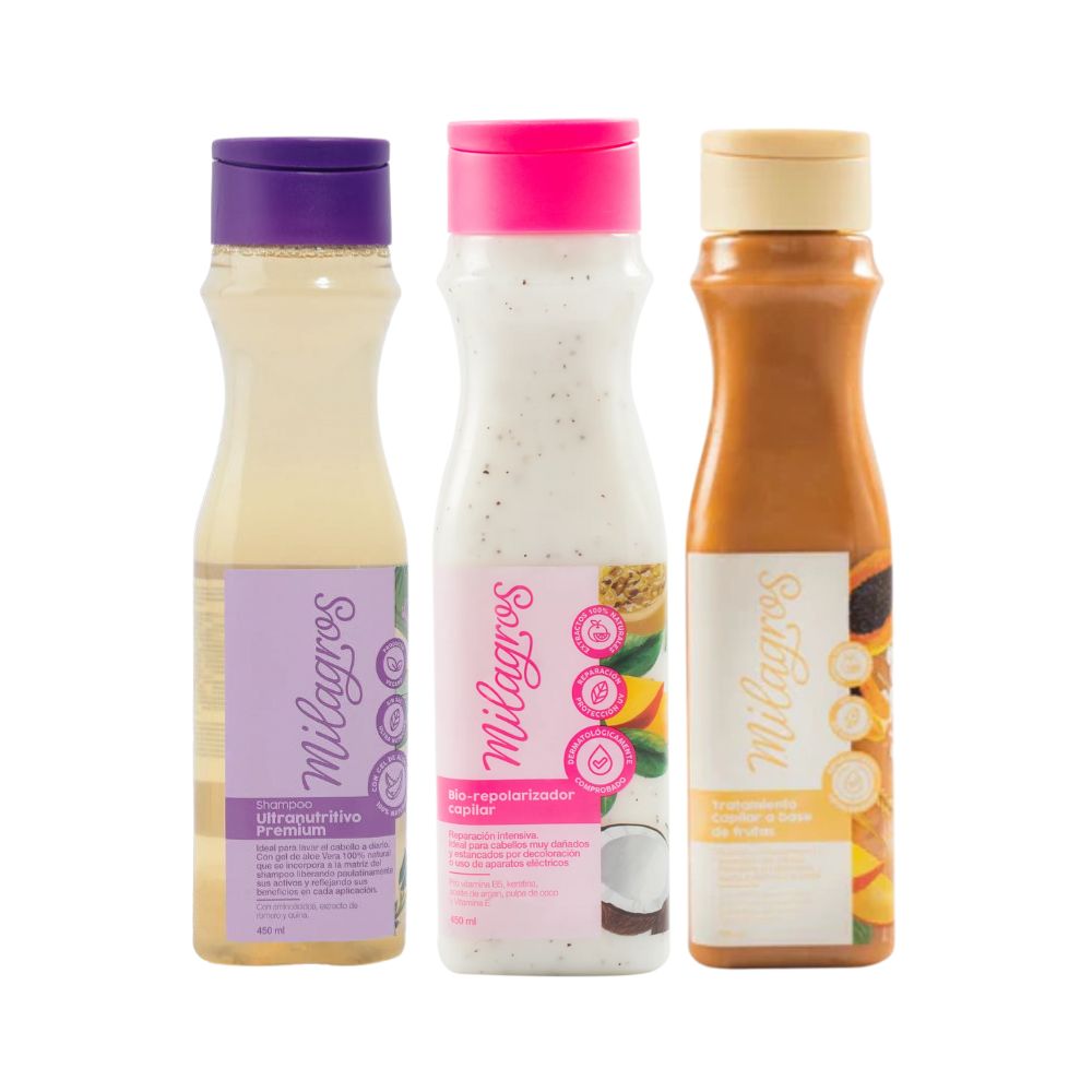 Milagros Shampoo Ultranutritivo, Milagros Tratamiento Biorepolarizador y Milagros Tratamiento a base de frutas ( 3 pack)