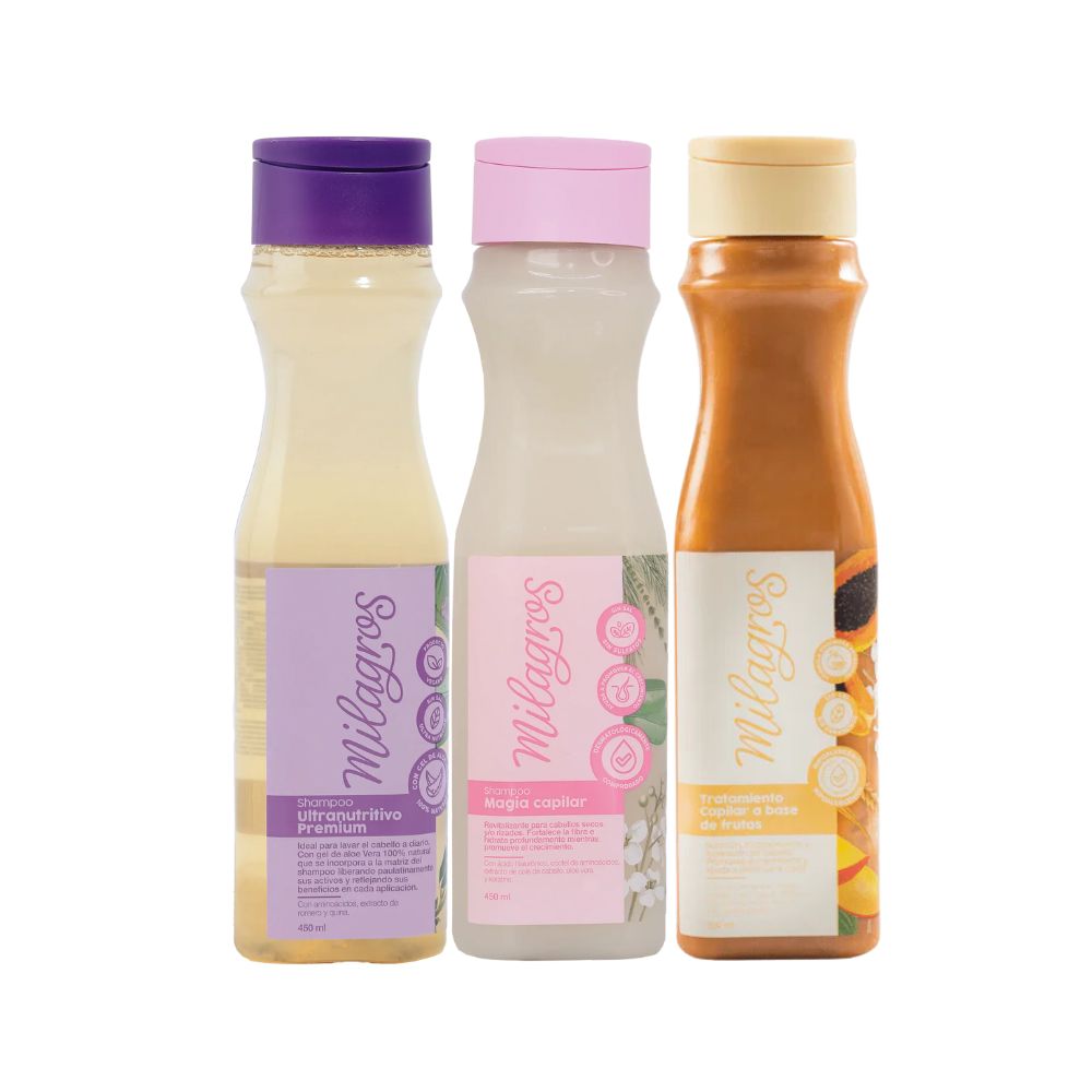 Milagros Shampoo ultra-nutritivo, Milagros Shampoo Magia Capilar y Milagros Tratamiento a base de frutas (3 pack)