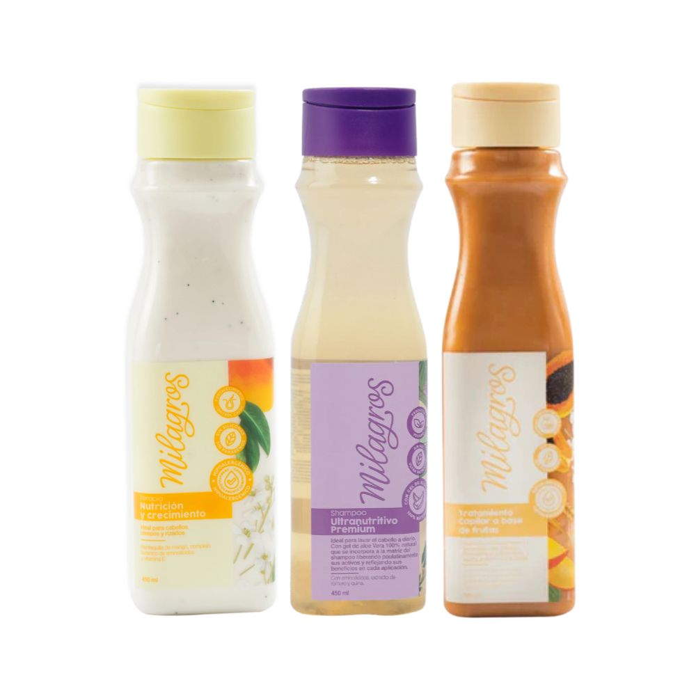 Milagros Terapia Nutricion y Crecimiento, Milagros Shampoo Ultranutritivo y Milagros Tratamiento a base de frutas (3 pack)