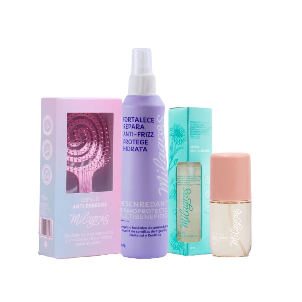 Milagros Cepillo Desenredante Masajeador, Milagros Desenredante Termoprotector, Milagros Serum Revitalizante y Milagros Perfume Sublime - Milagros Kit Cabello Perfecto (4 Pack)
