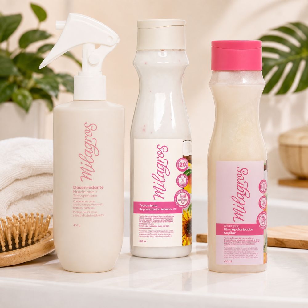 Milagros Kit Advance - Shampoo Biorepolarizador, Tratamiento Advance y Desenredante Rose (3 Pack)