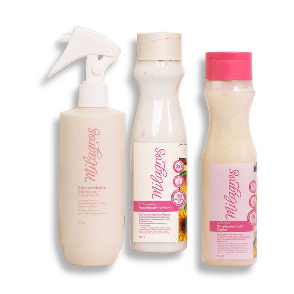 Milagros Kit Advance - Shampoo Biorepolarizador, Tratamiento Advance y Desenredante Rose (3 Pack)
