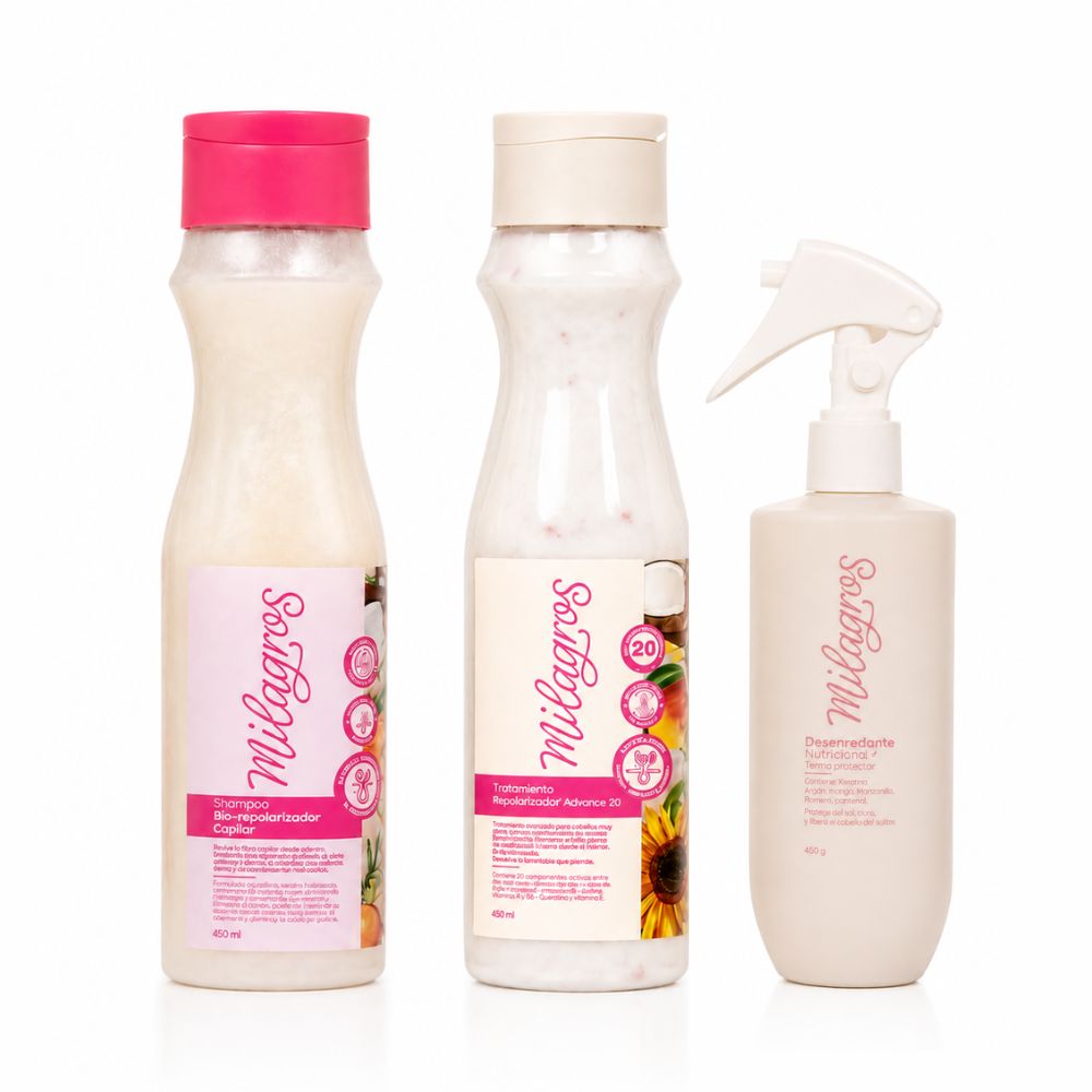 Milagros Kit Advance - Shampoo Biorepolarizador, Tratamiento Advance y Desenredante Rose (3 Pack)
