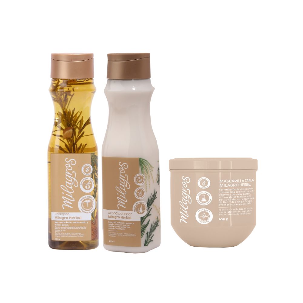 Milagros  Shampoo Herbal, Acondicionador herbal y Mascarilla capilar Herbal (3 Pack)