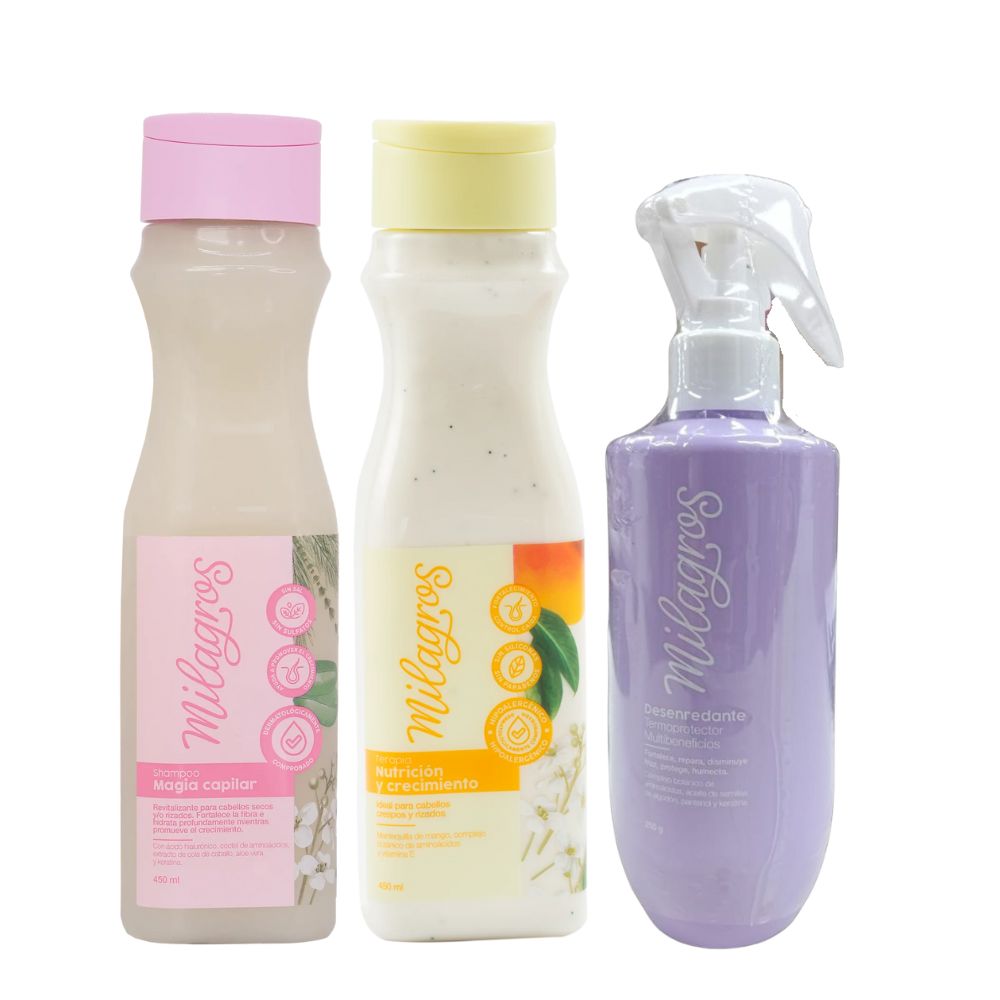 Milagros Shampoo magia capilar, Milagros Terapia Nutricion y Crecimiento y Milagros Desenredante Termoprotector (3 Pack)