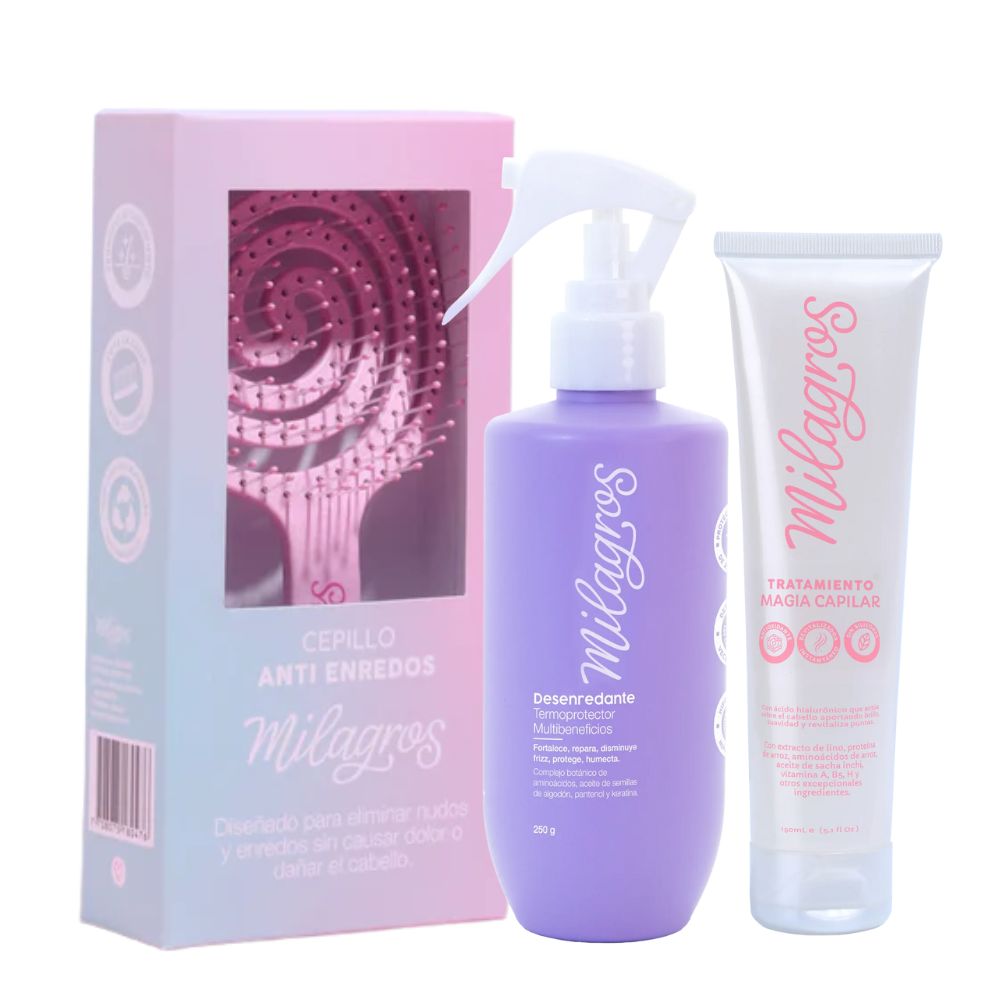Milagros Termoprotector Desenredante, Tratamiento Magia Capilar y Cepillo desenredante  (3 pack)