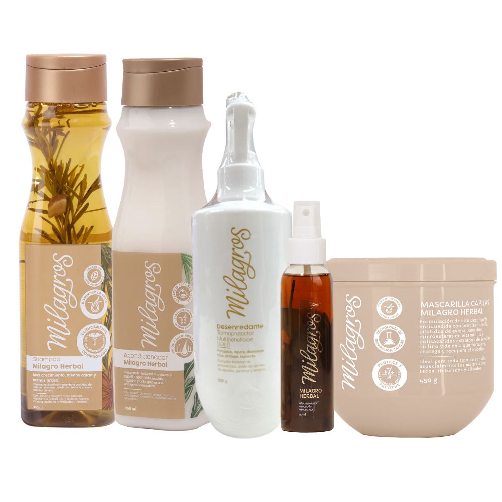 Milagros Combo Herbal Shampoo Herbal Acondicionador herbal Tonico Herbal Desenredante Termoprotector herbal y Mascarilla capilar Herbal (5 Pack)