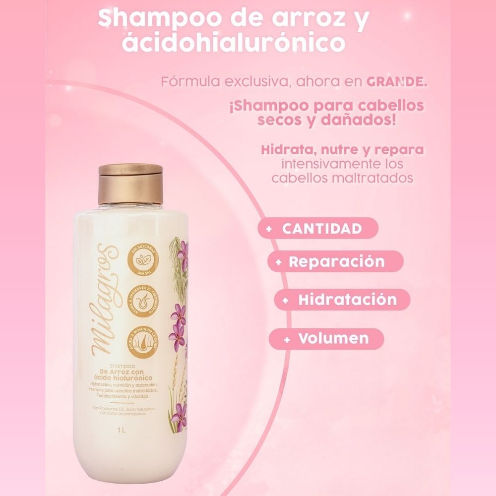 Milagros Shampoo de Arroz con acido hialuronico 1 Litro