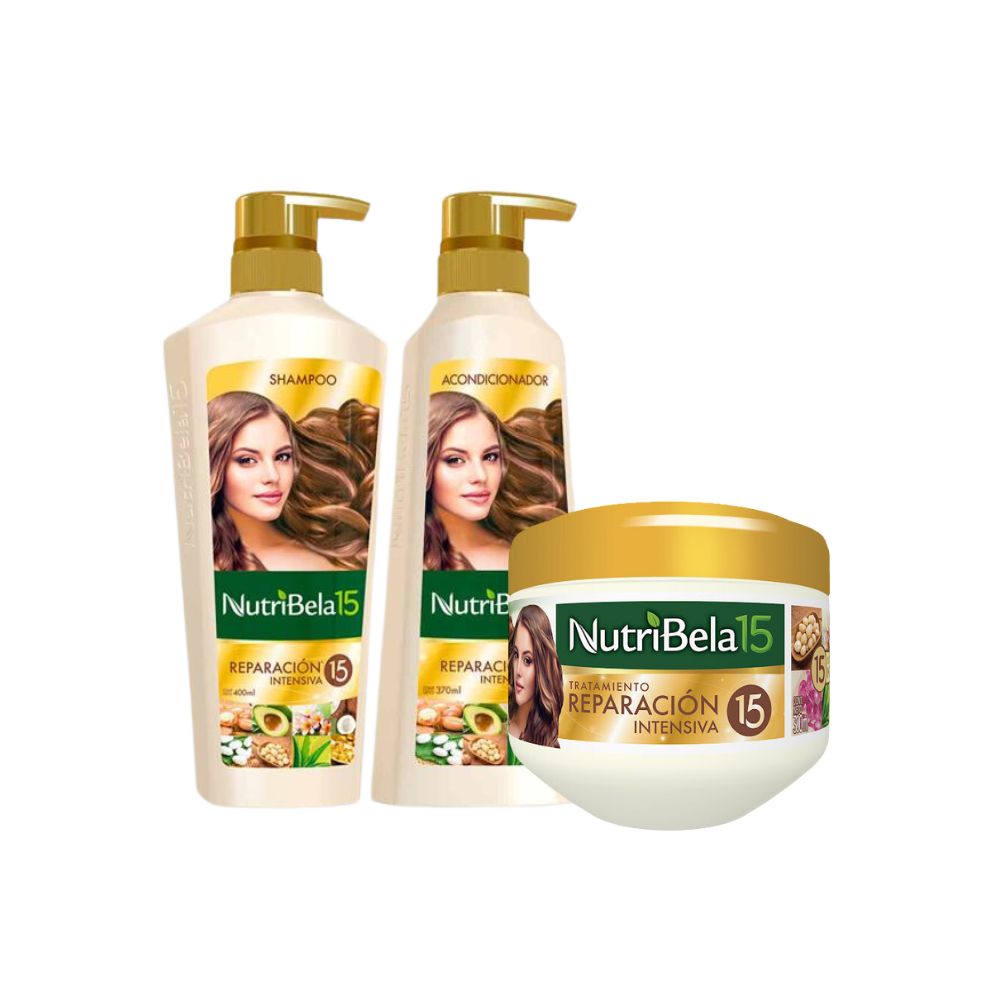 Nutribela 15 Reparacion Intensiva Shampoo 400mL + Acondicionador 400mL + Nutribela Tratamiento  300mL  (3 Pack)