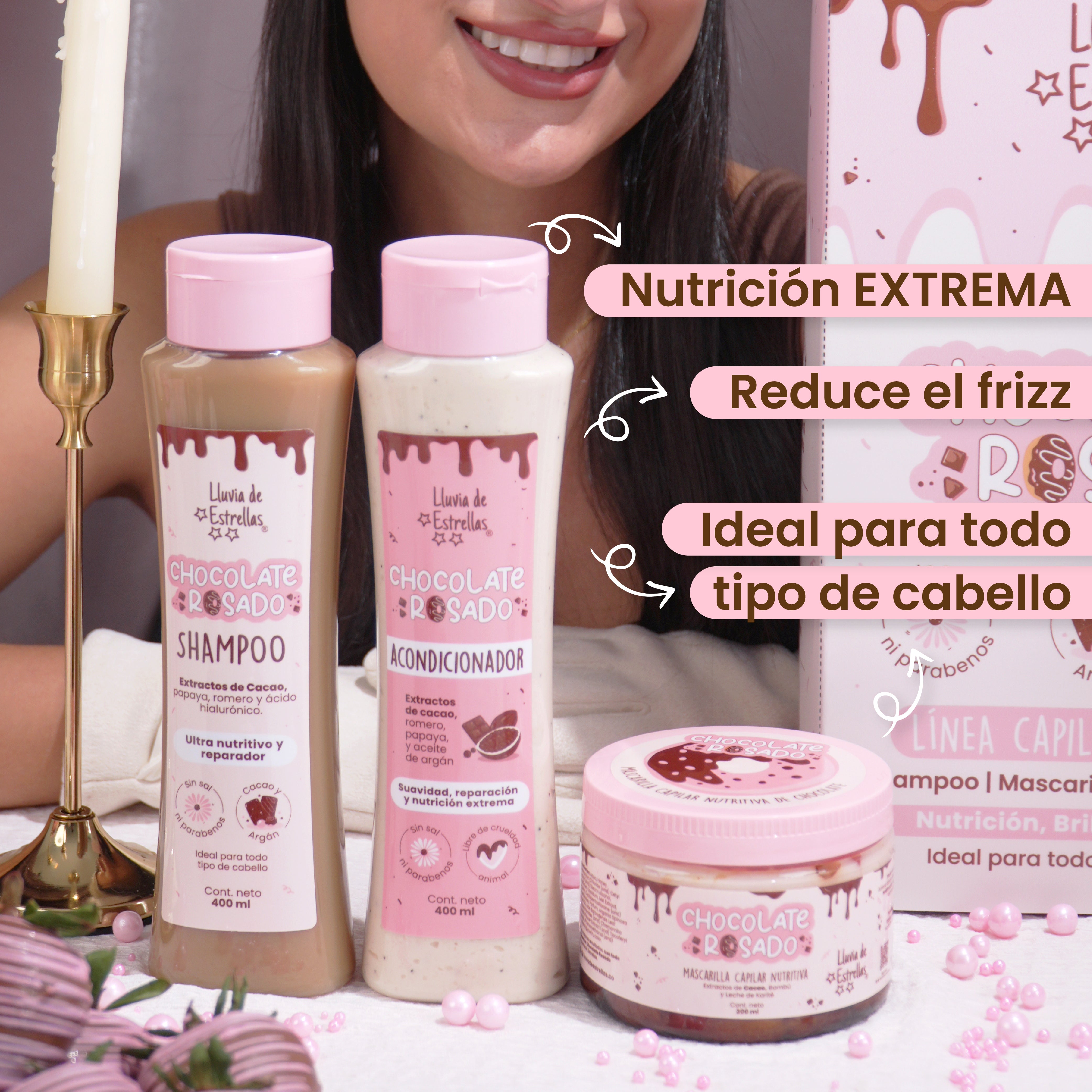 LLUVIA DE ESTRELLAS KIT CHOCOLATE ROSADO - SHAMPOO + ACONDICIONADOR + MASCARILLA (3 PACK)