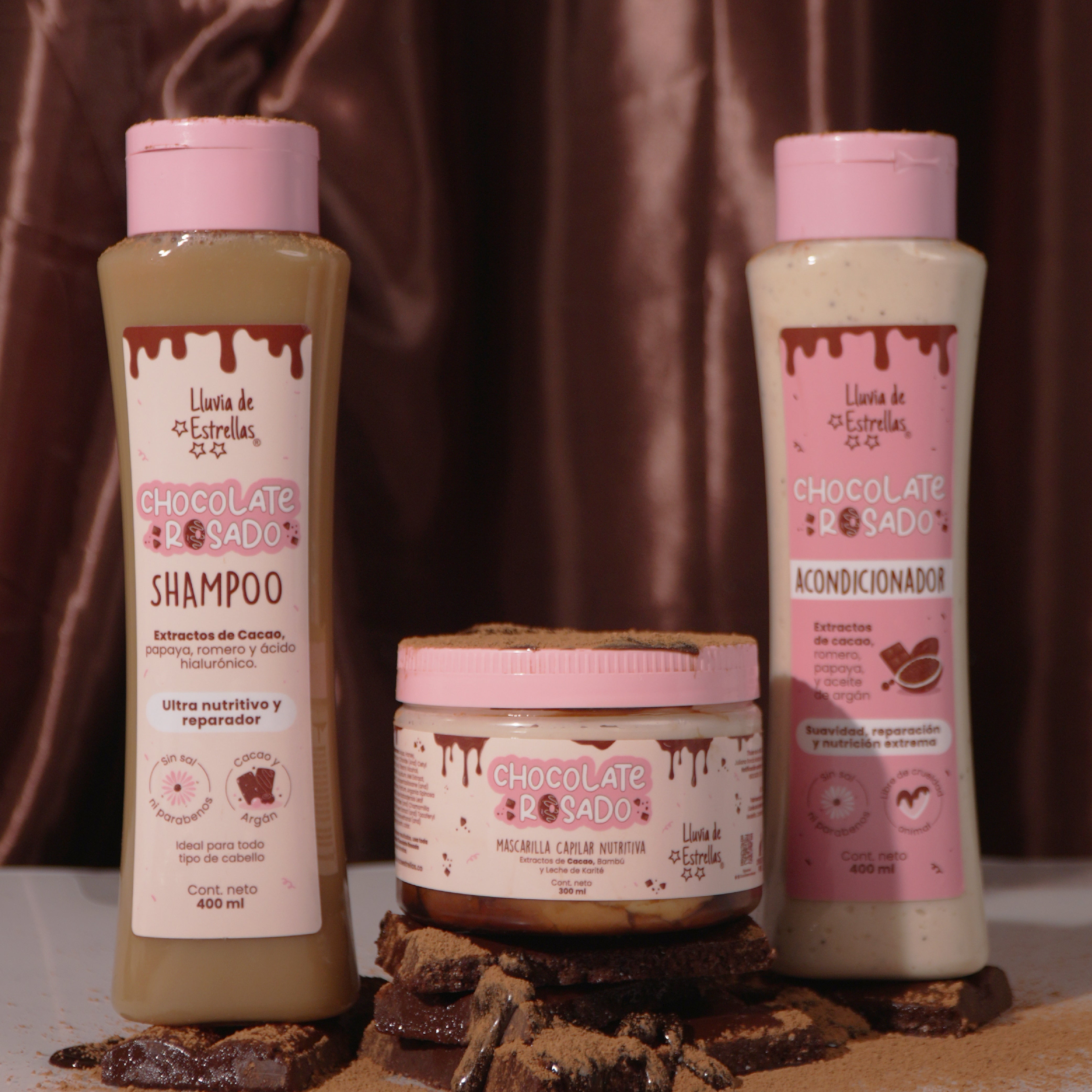 LLUVIA DE ESTRELLAS KIT CHOCOLATE ROSADO - SHAMPOO + ACONDICIONADOR + MASCARILLA (3 PACK)