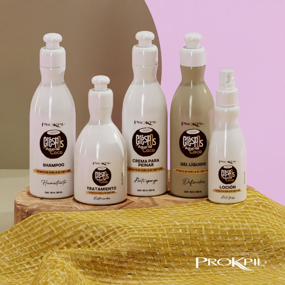 Prokpil Kit Crespos Agua de Coco - Shampoo, Crema para peinar, Tratamiento, Gel definidor y Locion hidratante (5 pack) Fulfillment