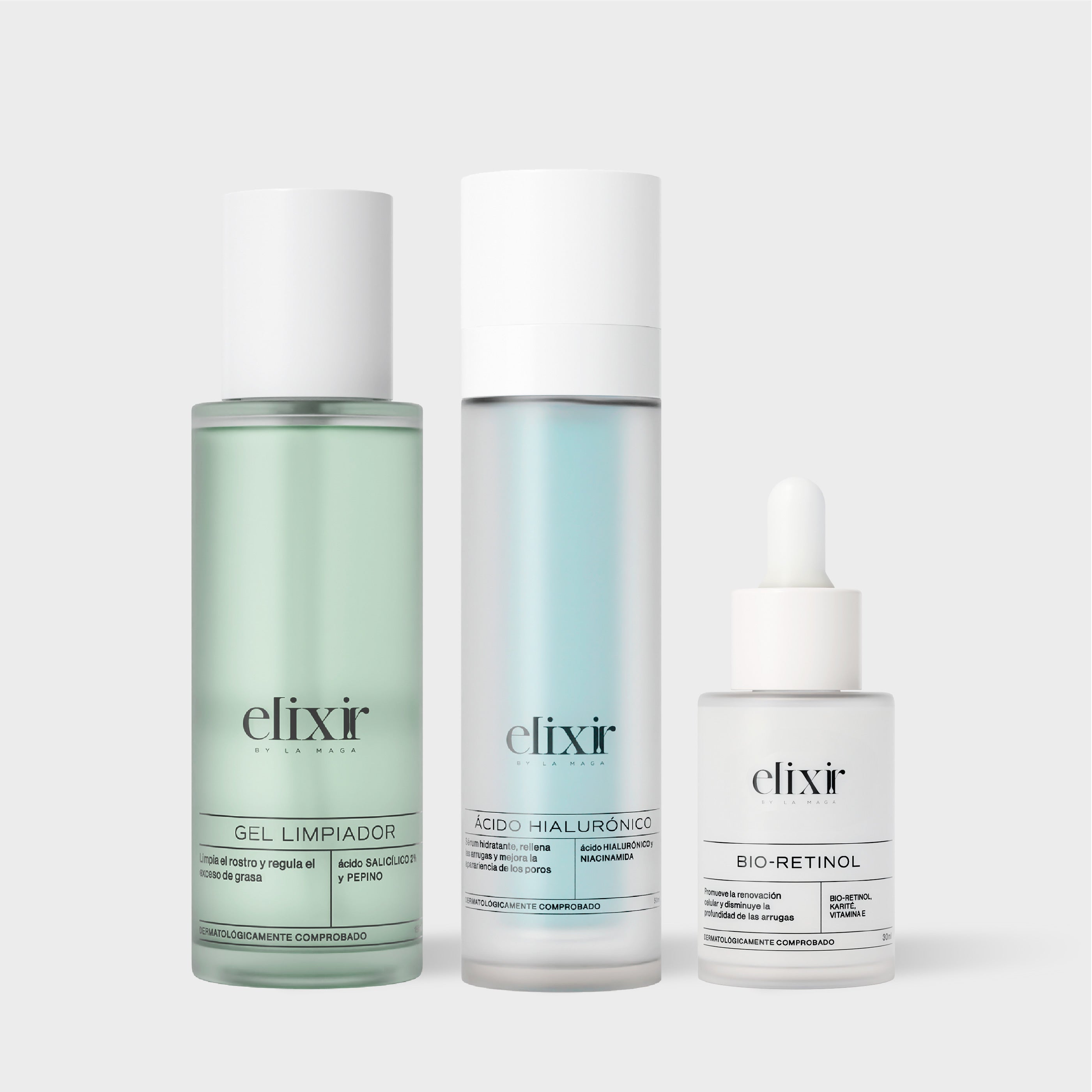 RUTINA BASICA PIEL GRASA - Gel limpiador facial 150ml, Acido hialuronico 50ml y Bio-retinol 30ml (3 pack)