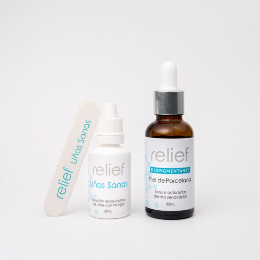 RELIEF DUO MAGICO: Gotas para tratar hongos 20ml  y despigmentante para la piel 30ml (2 pack)