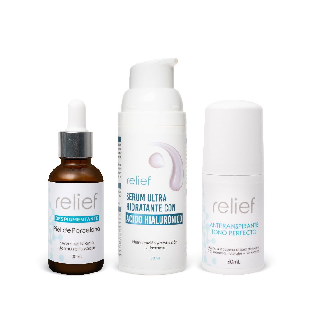 RELIEF KIT AXILAS PERFECTAS: Serum hidratante 50ml, despigmentante 30ml y antitranspirante 60ml (3 pack)